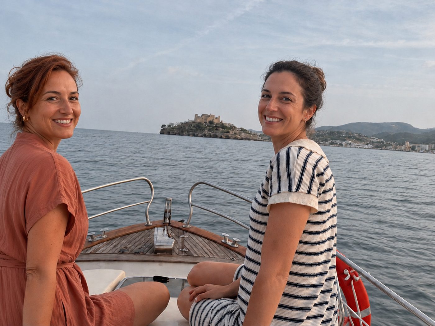 Dos pasajeras a bordo del Voramar a la hora dorada