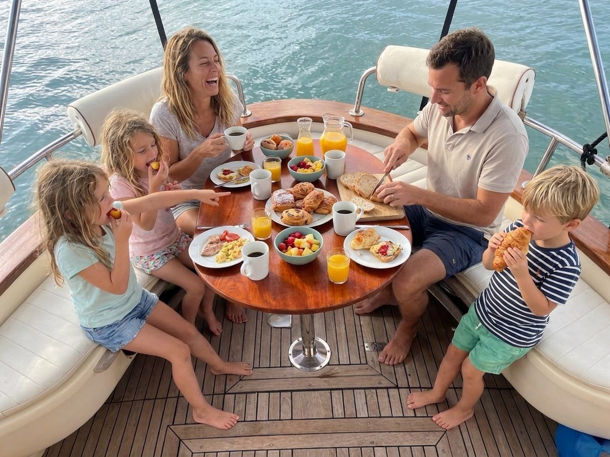 Familia desayunando a bordo del Voramar